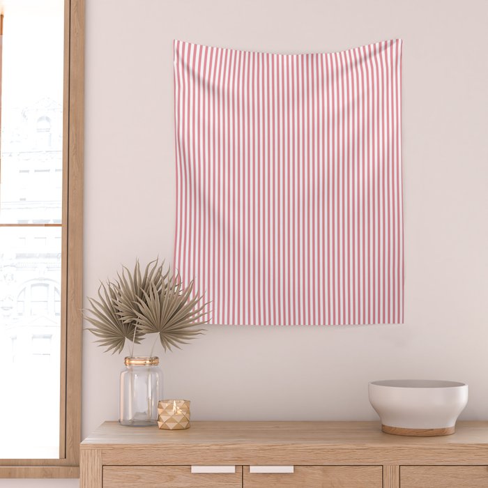 Ultra Fine Stripes Narrow Vertical Stripe Pattern in Fresh Cottage Pink and White Wall Tapestry Gallery Image 2