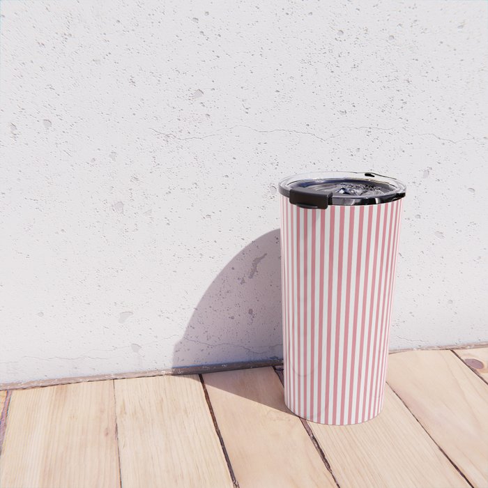 Ultra Fine Stripes Narrow Vertical Stripe Pattern in Fresh Cottage Pink and White Travel Mug Gallery Image 4