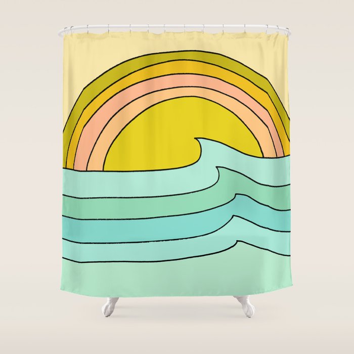 daydreams glassy swells and sunrise radiate by surfy birdy Shower Curtain Gallery Image 1