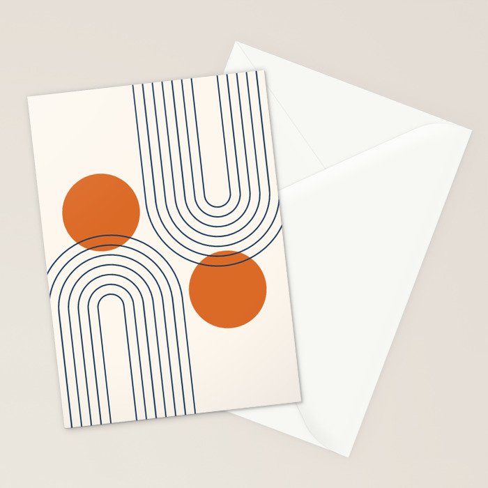Mid Century Modern Geometric 88 in Navy Blue and Orange (Rainbow and Sun Abstraction) Stationery Card Gallery Image 2
