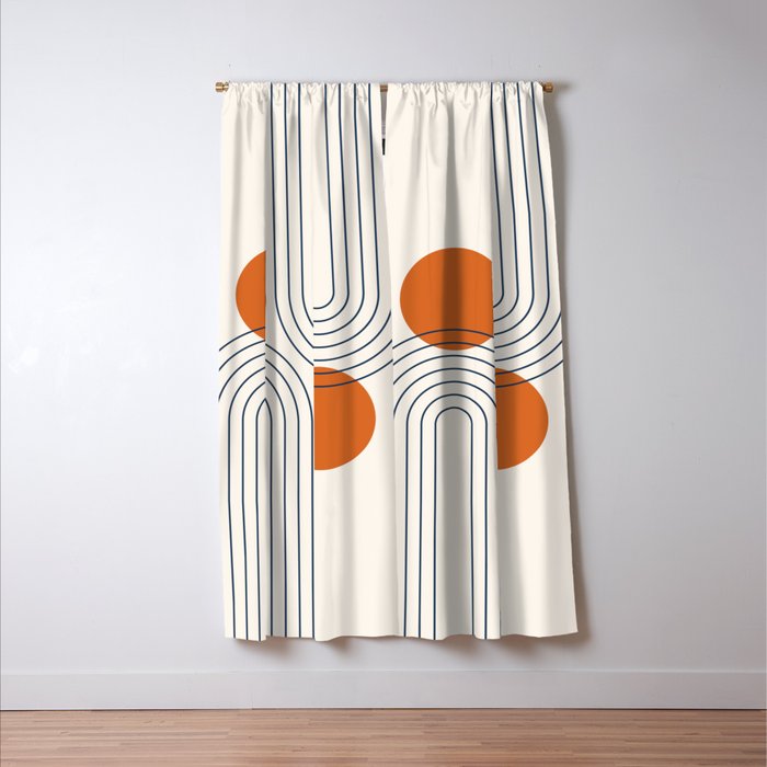 Mid Century Modern Geometric 88 in Navy Blue and Orange (Rainbow and Sun Abstraction) Window Curtain Gallery Image 3