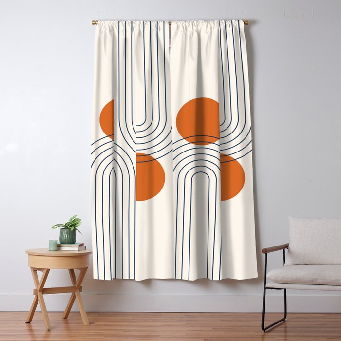 Mid Century Modern Geometric 88 in Navy Blue and Orange (Rainbow and Sun Abstraction) Window Curtain Gallery Image 5