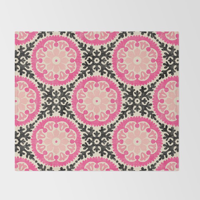 Folk Art Mandala - black, pink, and cream Throw Blanket Gallery Image 2