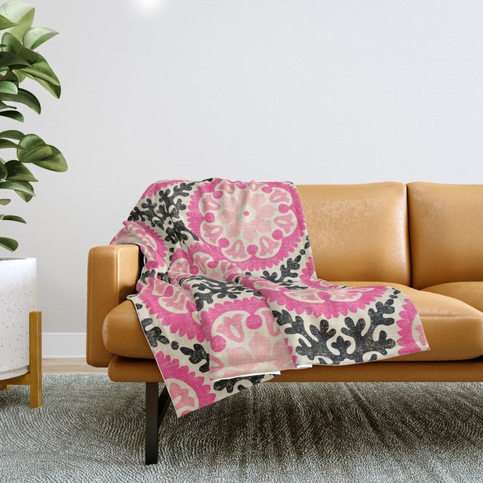 Folk Art Mandala - black, pink, and cream Throw Blanket Gallery Image 1