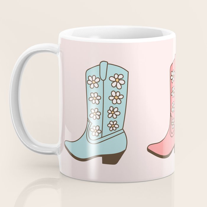 Cowgirl Boots and Daisies, Blush Pink, Mint, Cute Pastel Cowboy Pattern Coffee Mug Gallery Image 3