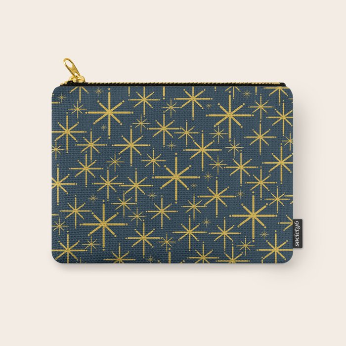 Twinkling Starbursts Mid Century Modern Atomic Pattern in Navy Blue and Light Mustard Carry All Pouch Gallery Image 1