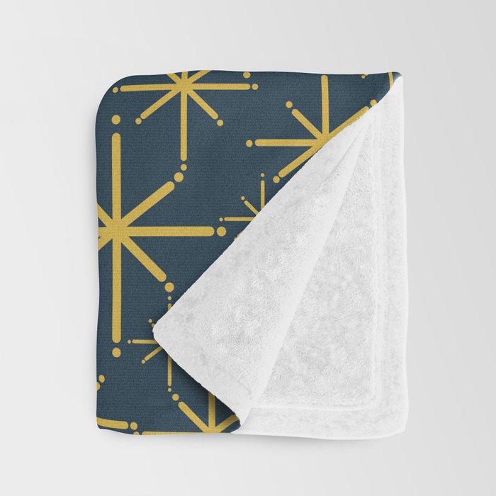 Twinkling Starbursts Mid Century Modern Atomic Pattern in Navy Blue and Light Mustard Throw Blanket Gallery Image 3