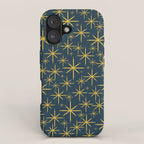 Twinkling Starbursts Mid Century Modern Atomic Pattern in Navy Blue and Light Mustard iPhone Case Gallery Image 1