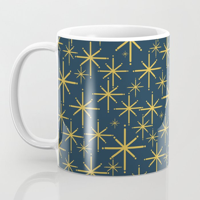Twinkling Starbursts Mid Century Modern Atomic Pattern in Navy Blue and Light Mustard Coffee Mug Gallery Image 3