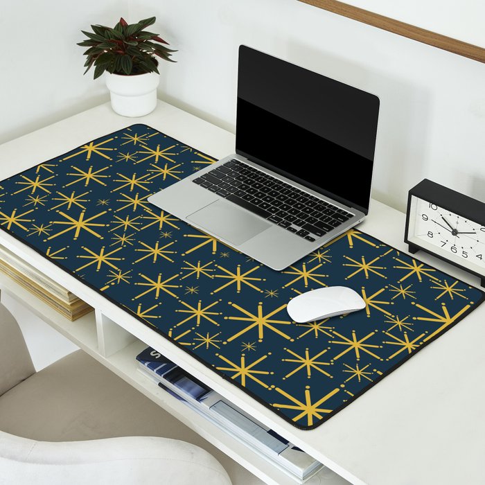 Twinkling Starbursts Mid Century Modern Atomic Pattern in Navy Blue and Light Mustard Desk Mat Gallery Image 2