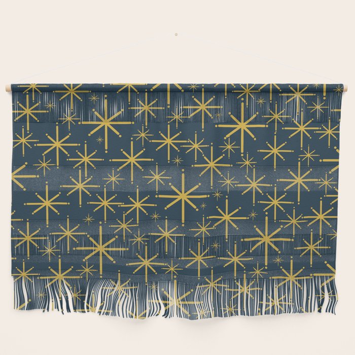 Twinkling Starbursts Mid Century Modern Atomic Pattern in Navy Blue and Light Mustard Wall Hanging Gallery Image 1