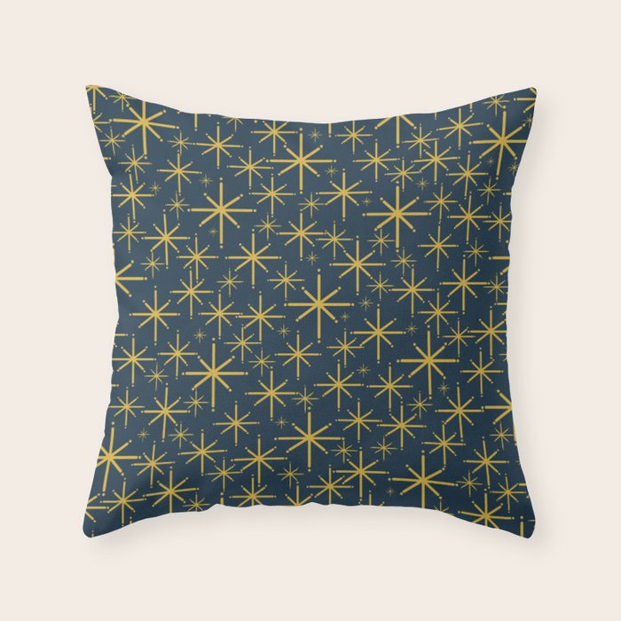 Twinkling Starbursts Mid Century Modern Atomic Pattern in Navy Blue and Light Mustard Throw Pillow Gallery Image 1