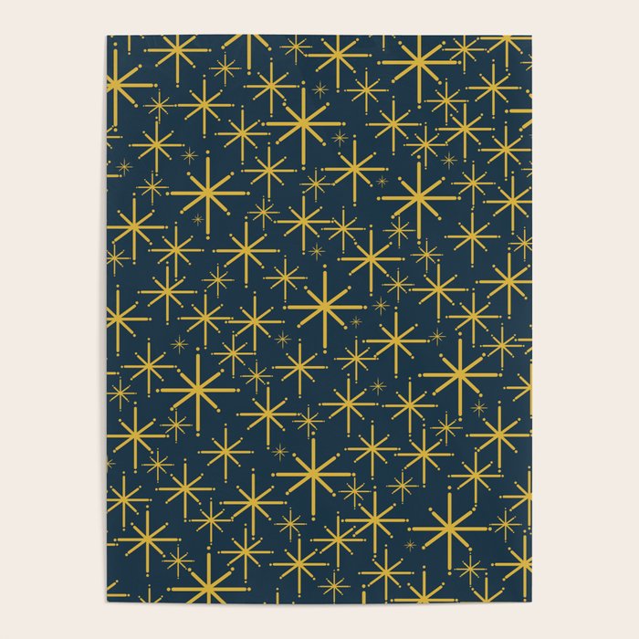 Twinkling Starbursts Mid Century Modern Atomic Pattern in Navy Blue and Light Mustard Poster Gallery Image 1