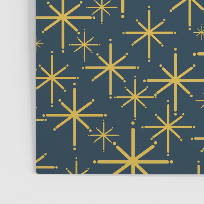 Twinkling Starbursts Mid Century Modern Atomic Pattern in Navy Blue and Light Mustard Poster Gallery Image 3
