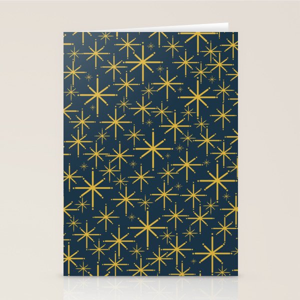 Twinkling Starbursts Mid Century Modern Atomic Pattern in Navy Blue and Light Mustard Stationery Card Gallery Image 2