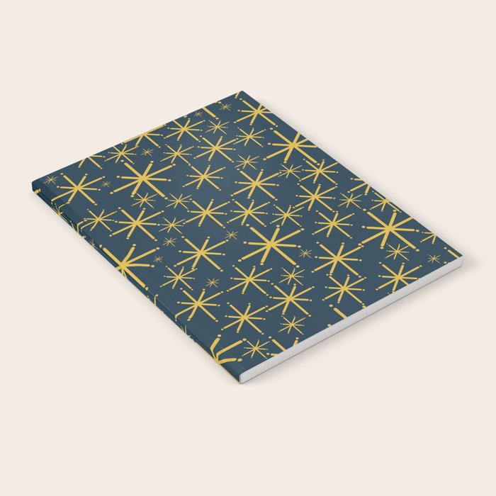 Twinkling Starbursts Mid Century Modern Atomic Pattern in Navy Blue and Light Mustard Notebook Gallery Image 1