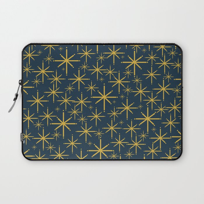 Twinkling Starbursts Mid Century Modern Atomic Pattern in Navy Blue and Light Mustard Laptop Sleeve Gallery Image 1