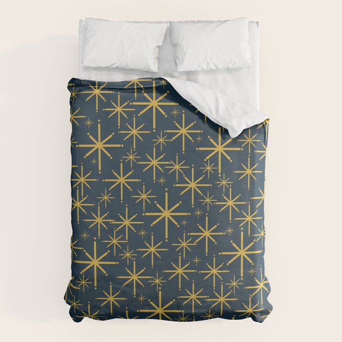 Twinkling Starbursts Mid Century Modern Atomic Pattern in Navy Blue and Light Mustard Duvet Cover Gallery Image 6