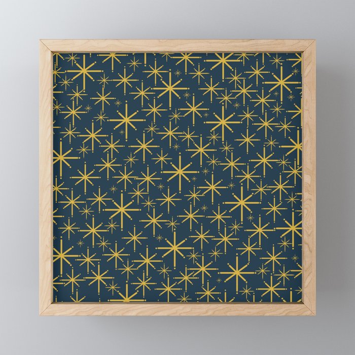 Twinkling Starbursts Mid Century Modern Atomic Pattern in Navy Blue and Light Mustard Mini Art Print Gallery Image 1