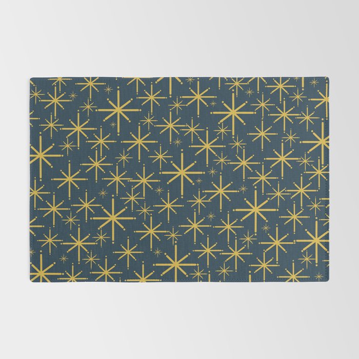 Twinkling Starbursts Mid Century Modern Atomic Pattern in Navy Blue and Light Mustard Rug Gallery Image 2