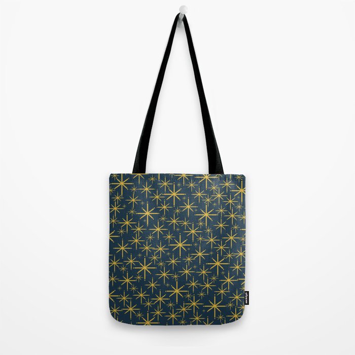 Twinkling Starbursts Mid Century Modern Atomic Pattern in Navy Blue and Light Mustard Tote Bag Gallery Image 2