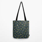 Twinkling Starbursts Mid Century Modern Atomic Pattern in Navy Blue and Light Mustard Tote Bag Gallery Image 2