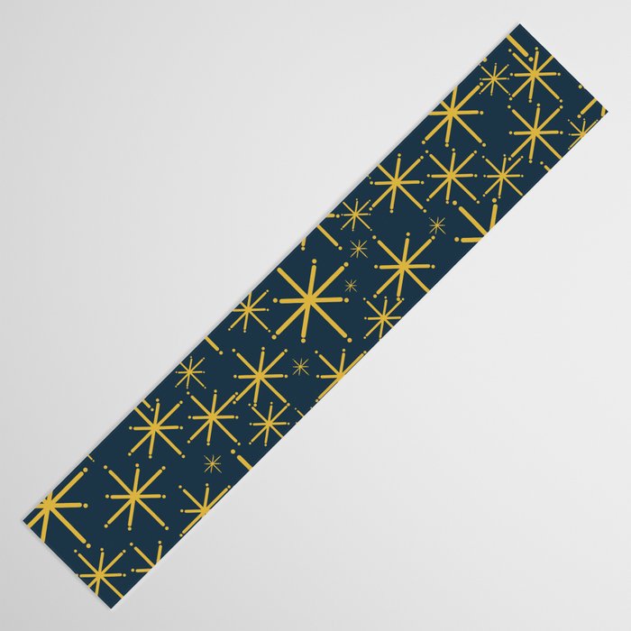 Twinkling Starbursts Mid Century Modern Atomic Pattern in Navy Blue and Light Mustard Table Runner Gallery Image 3