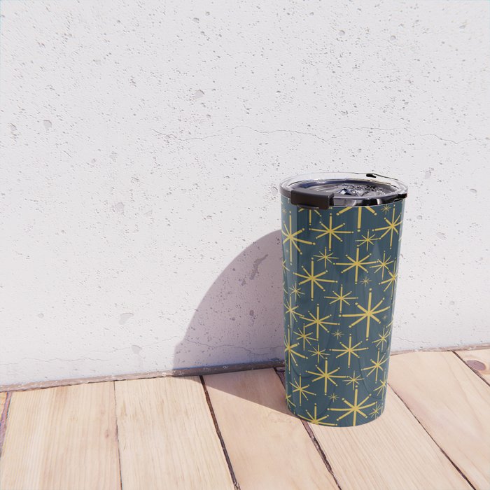 Twinkling Starbursts Mid Century Modern Atomic Pattern in Navy Blue and Light Mustard Travel Mug Gallery Image 4