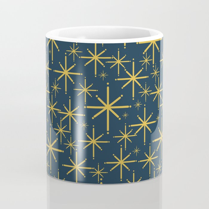 Twinkling Starbursts Mid Century Modern Atomic Pattern in Navy Blue and Light Mustard Coffee Mug Gallery Image 4