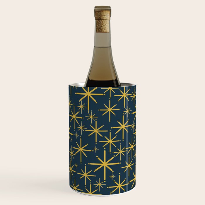 Twinkling Starbursts Mid Century Modern Atomic Pattern in Navy Blue and Light Mustard Wine Chiller Gallery Image 3