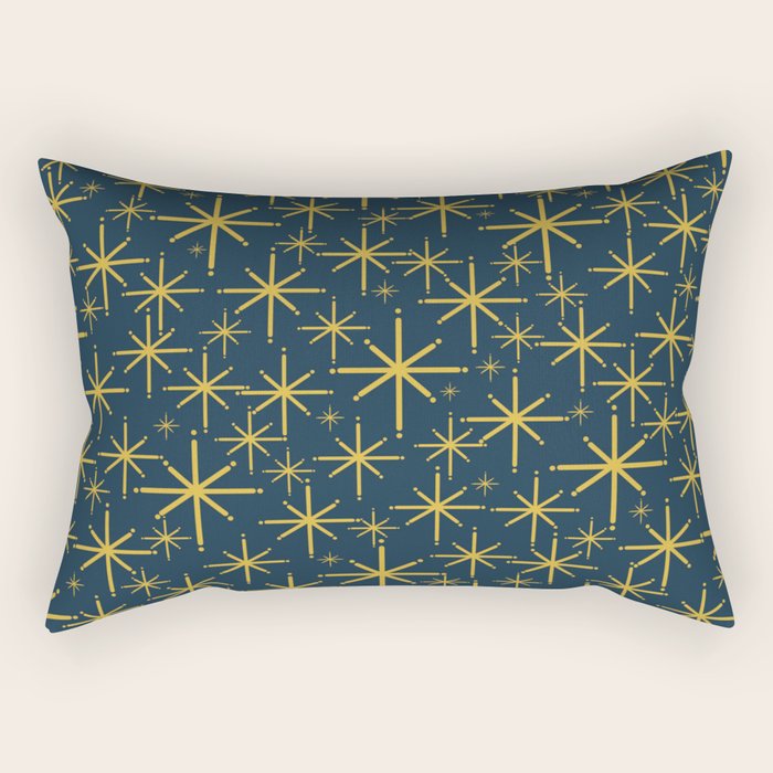 Twinkling Starbursts Mid Century Modern Atomic Pattern in Navy Blue and Light Mustard Rectangular Pillow Gallery Image 1