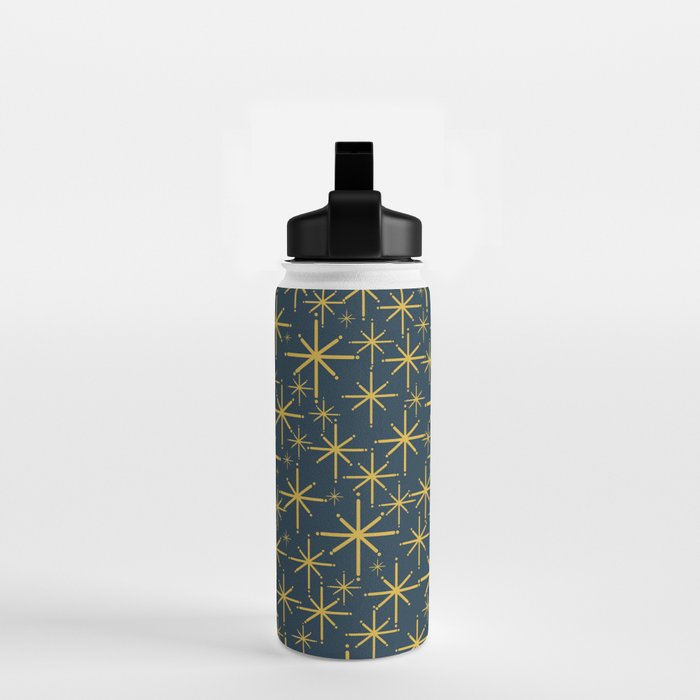Twinkling Starbursts Mid Century Modern Atomic Pattern in Navy Blue and Light Mustard Water Bottle Gallery Image 2