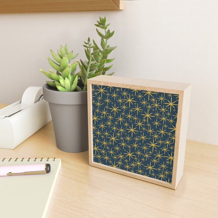 Twinkling Starbursts Mid Century Modern Atomic Pattern in Navy Blue and Light Mustard Mini Art Print Gallery Image 2