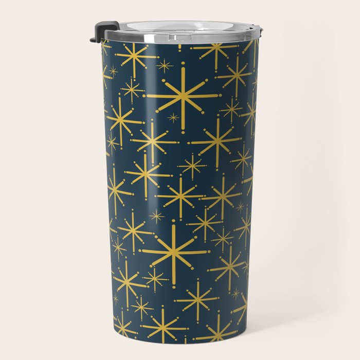 Twinkling Starbursts Mid Century Modern Atomic Pattern in Navy Blue and Light Mustard Travel Mug Gallery Image 3