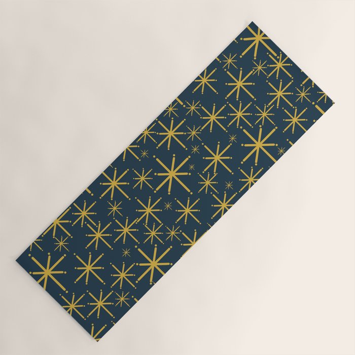 Twinkling Starbursts Mid Century Modern Atomic Pattern in Navy Blue and Light Mustard Yoga Mat Gallery Image 1