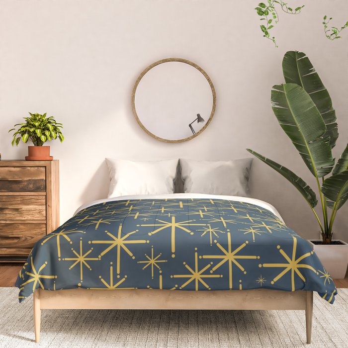 Twinkling Starbursts Mid Century Modern Atomic Pattern in Navy Blue and Light Mustard Comforter Gallery Image 3