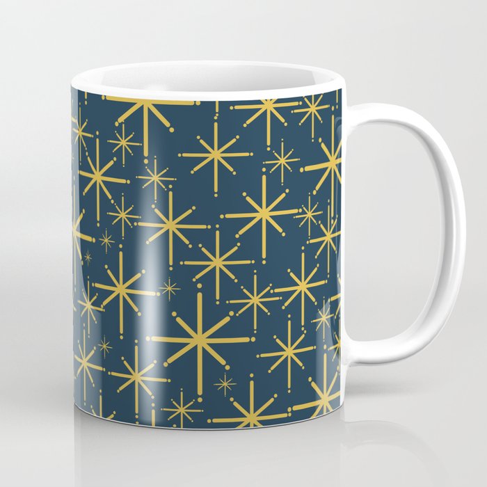 Twinkling Starbursts Mid Century Modern Atomic Pattern in Navy Blue and Light Mustard Coffee Mug Gallery Image 1
