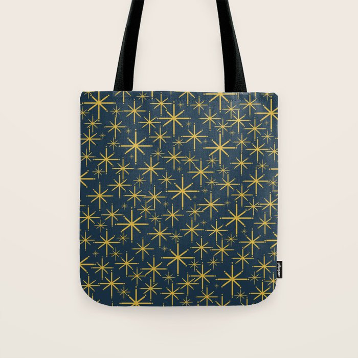 Twinkling Starbursts Mid Century Modern Atomic Pattern in Navy Blue and Light Mustard Tote Bag Gallery Image 1