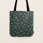 Twinkling Starbursts Mid Century Modern Atomic Pattern in Navy Blue and Light Mustard Tote Bag Gallery Image 1