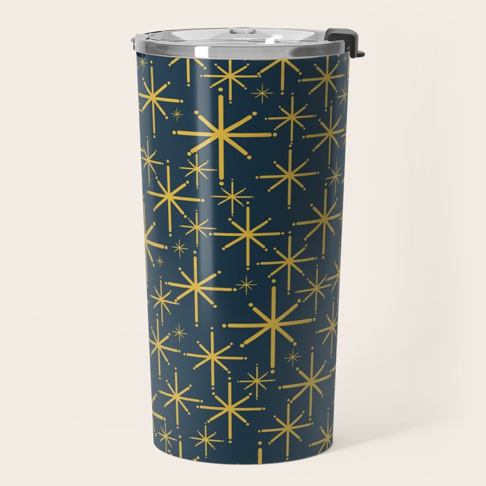 Twinkling Starbursts Mid Century Modern Atomic Pattern in Navy Blue and Light Mustard Travel Mug Gallery Image 2