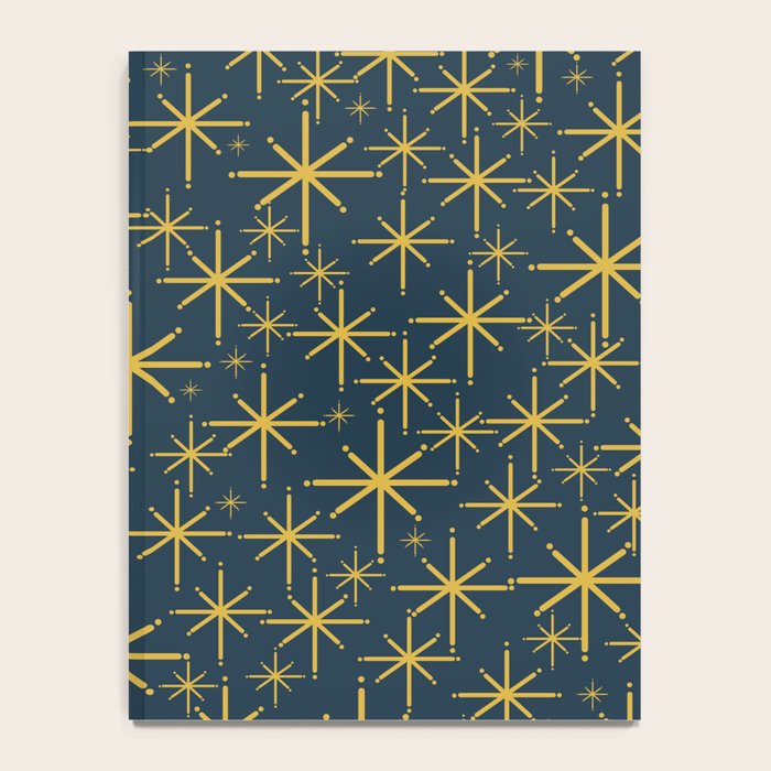 Twinkling Starbursts Mid Century Modern Atomic Pattern in Navy Blue and Light Mustard Notebook Gallery Image 4