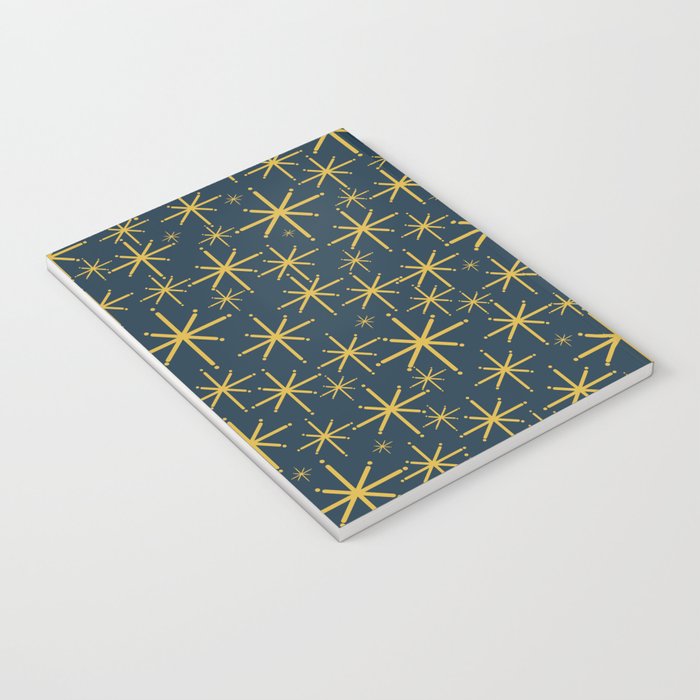 Twinkling Starbursts Mid Century Modern Atomic Pattern in Navy Blue and Light Mustard Notebook Gallery Image 3