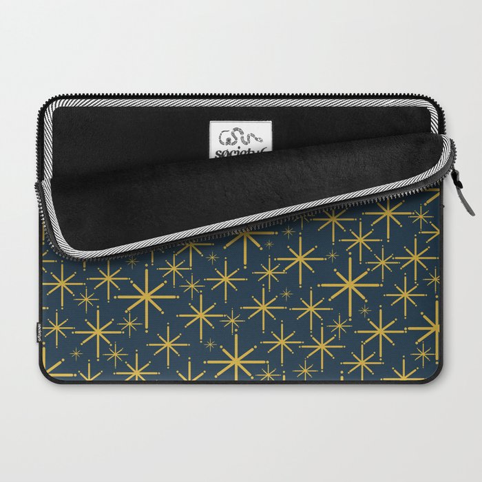 Twinkling Starbursts Mid Century Modern Atomic Pattern in Navy Blue and Light Mustard Laptop Sleeve Gallery Image 2