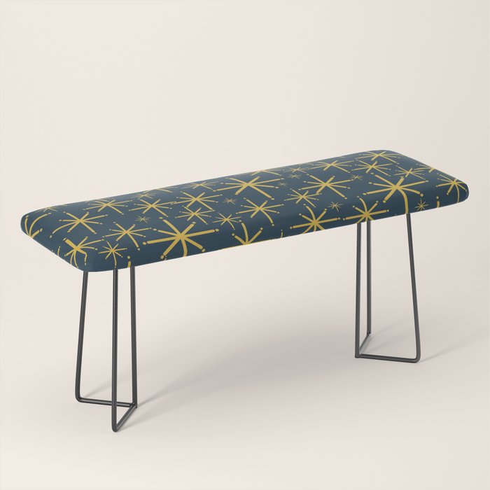 Twinkling Starbursts Mid Century Modern Atomic Pattern in Navy Blue and Light Mustard Bench Gallery Image 1