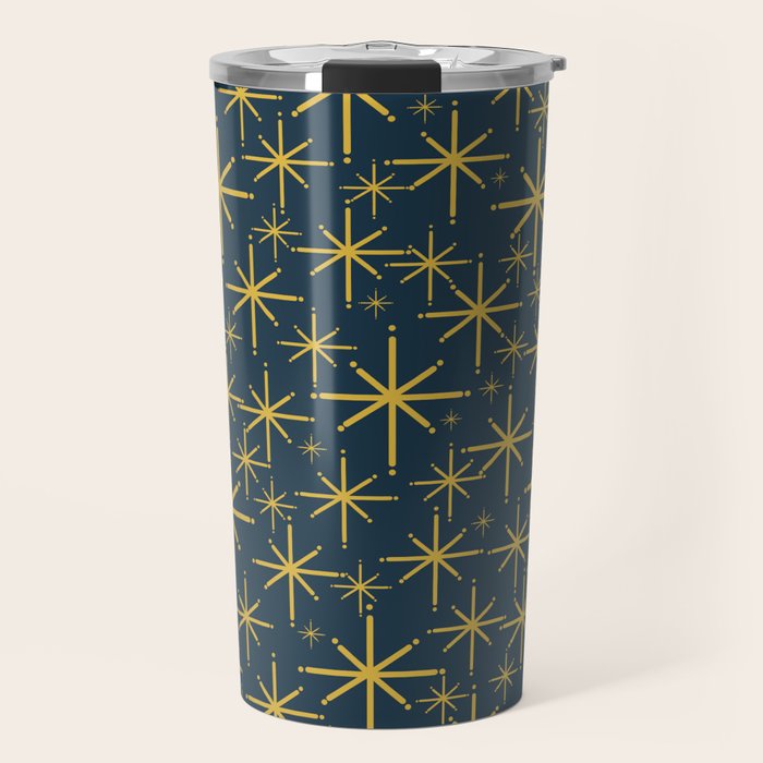 Twinkling Starbursts Mid Century Modern Atomic Pattern in Navy Blue and Light Mustard Travel Mug Gallery Image 1