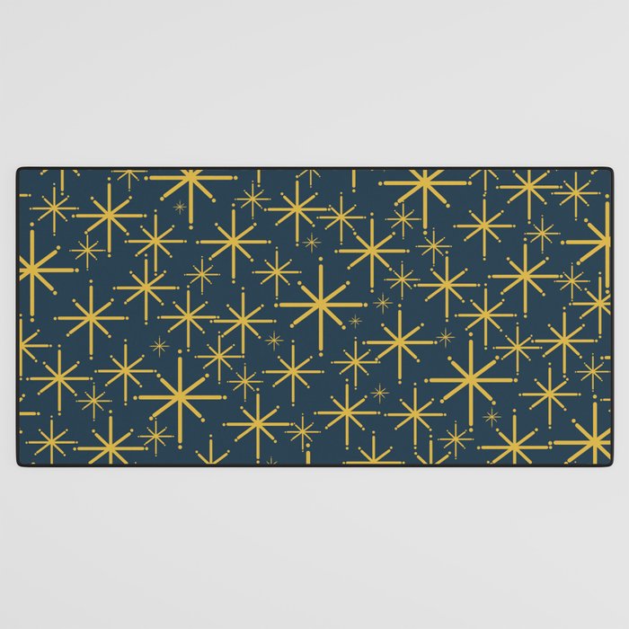 Twinkling Starbursts Mid Century Modern Atomic Pattern in Navy Blue and Light Mustard Desk Mat Gallery Image 3