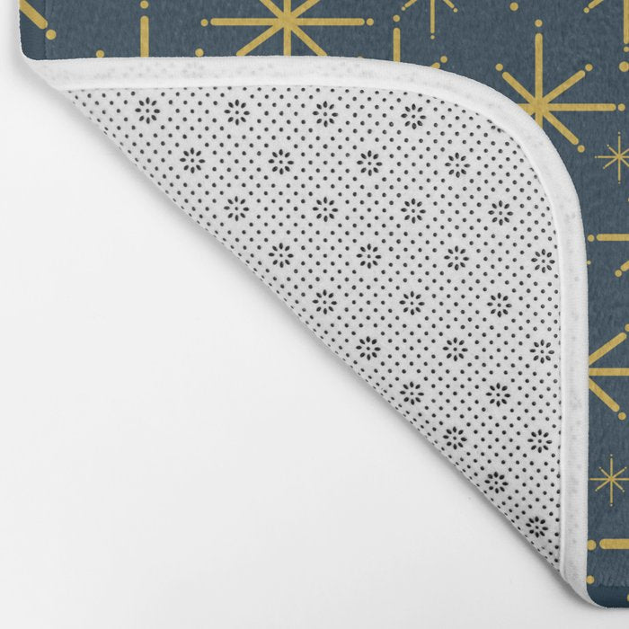 Twinkling Starbursts Mid Century Modern Atomic Pattern in Navy Blue and Light Mustard Bath Mat Gallery Image 2