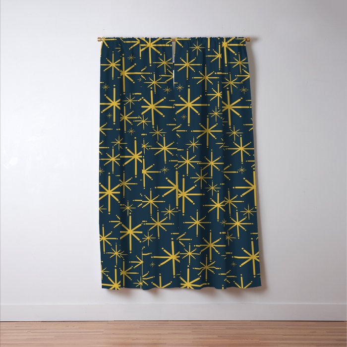 Twinkling Starbursts Mid Century Modern Atomic Pattern in Navy Blue and Light Mustard Window Curtain Gallery Image 3