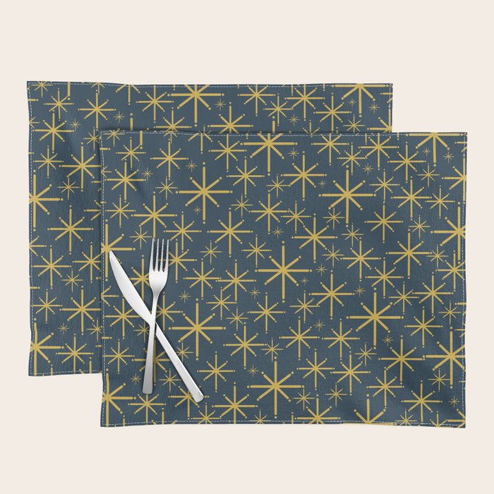 Twinkling Starbursts Mid Century Modern Atomic Pattern in Navy Blue and Light Mustard Placemat Gallery Image 1