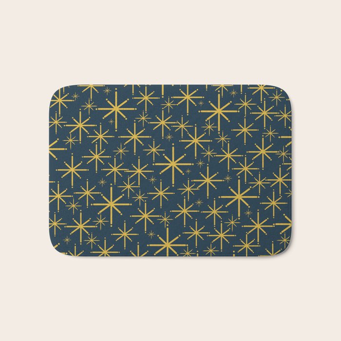 Twinkling Starbursts Mid Century Modern Atomic Pattern in Navy Blue and Light Mustard Bath Mat Gallery Image 1